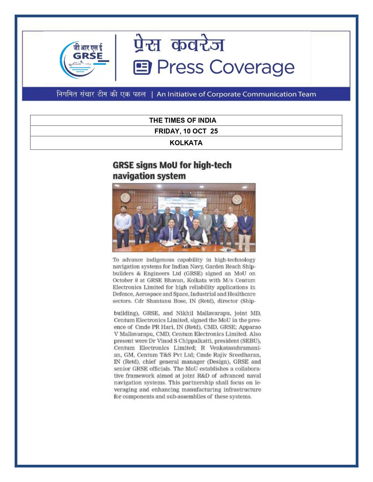 Press Coverage : 10 Oct 25:GRSE signs MoU for high-tech navigation system
